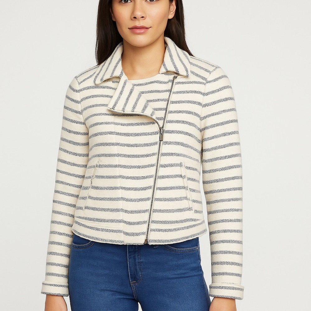 BCBGMAXAZRIA Striped Knit Moto Jacket Cream Navy Cotton Textured Zip Front Small